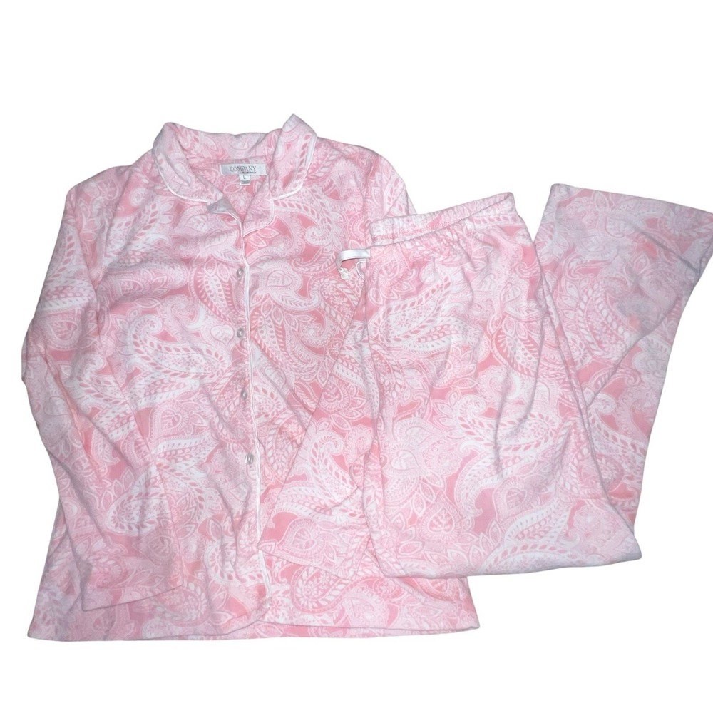 Ellen Tracey Pajama Set Button Front Shirt Pink Paisley Shabby‎ Chic Cottage L